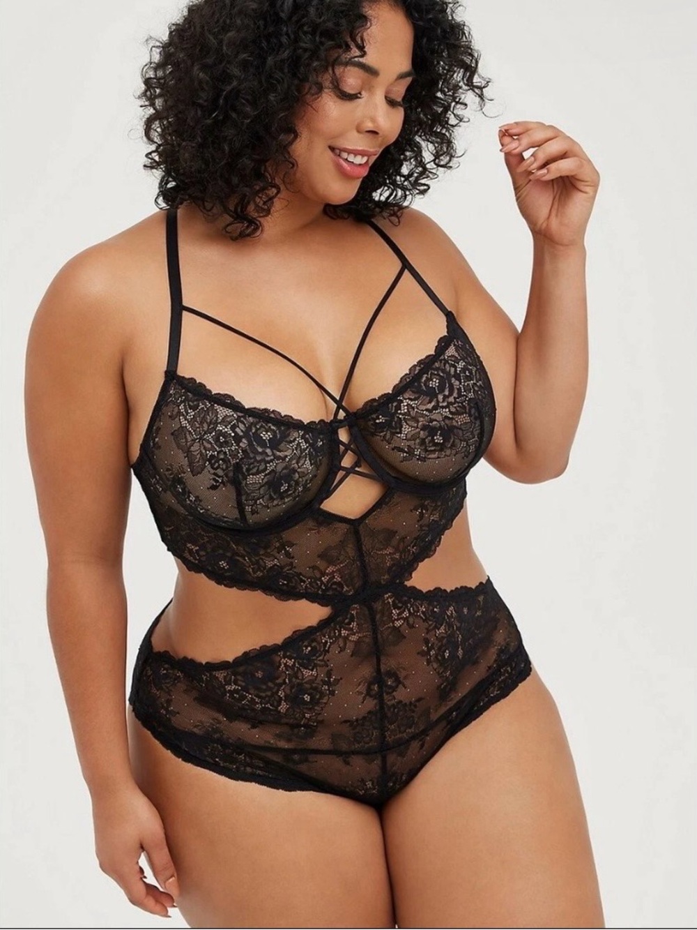 Torrid Black Sheer Lace Strappy Bodysuit